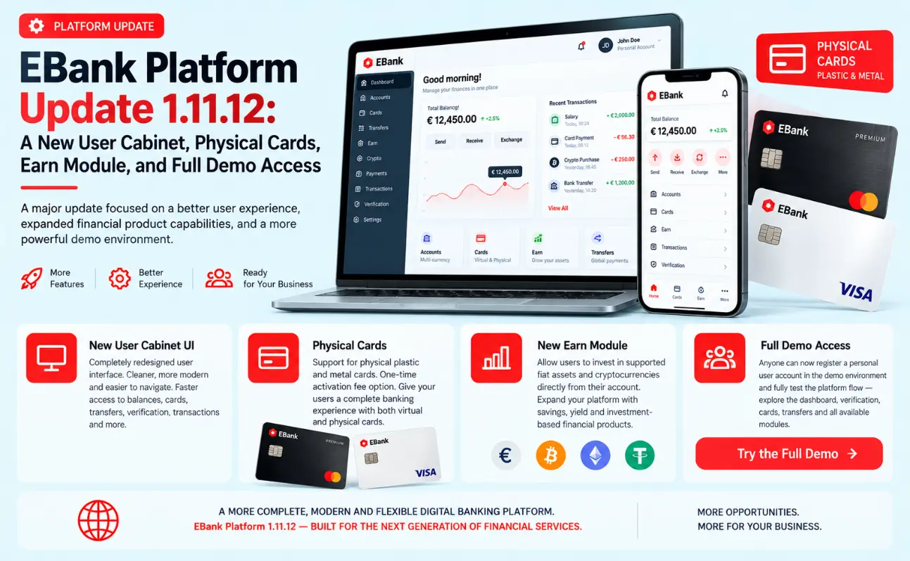 EBank Platform Update 1.11.12: A New User Cabinet, Physical Cards, Earn Module, and Full Demo Access